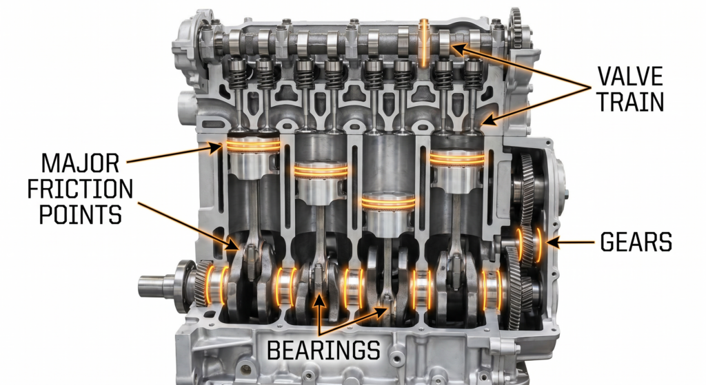 the main friction and wear points inside an automotive powertrain.