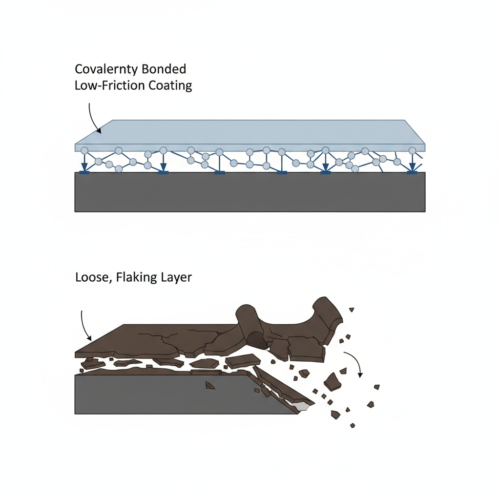 covalently bonded low-friction coating versus a flaking layer.