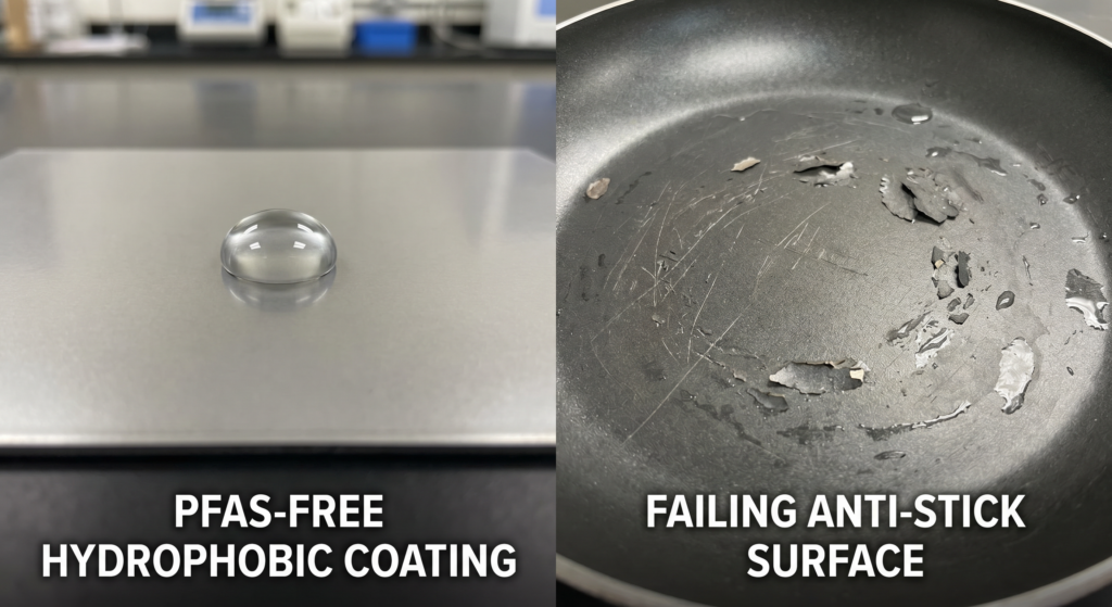 PFAS-free hydrophobic coating compared with a failing anti-stick surface.