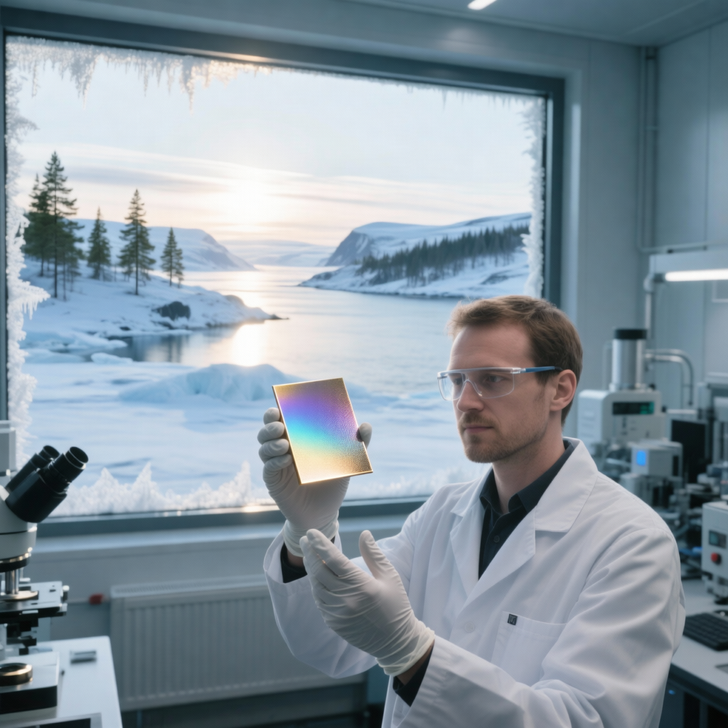 Nanize researcher with a coated sample in the Narvik laboratory.