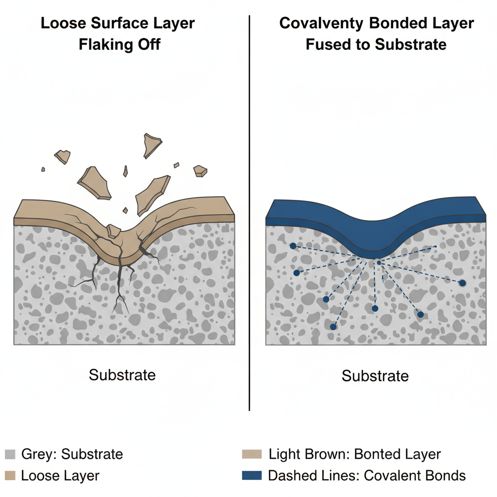 surface layer flaking off versus a covalently bonded coating.