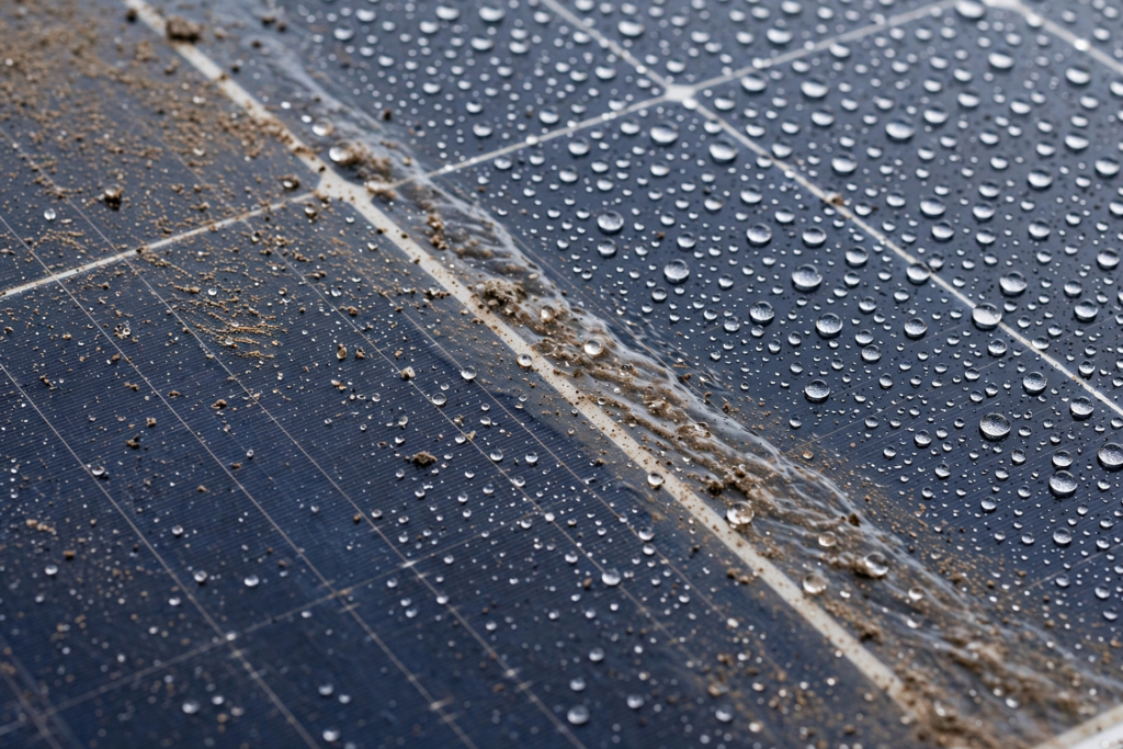 hydrophobic coating helping a solar panel shed dust and stay efficient.