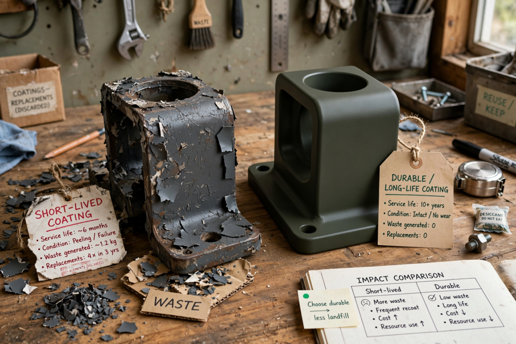 short-lived coating creating waste versus a durable long-life coating.