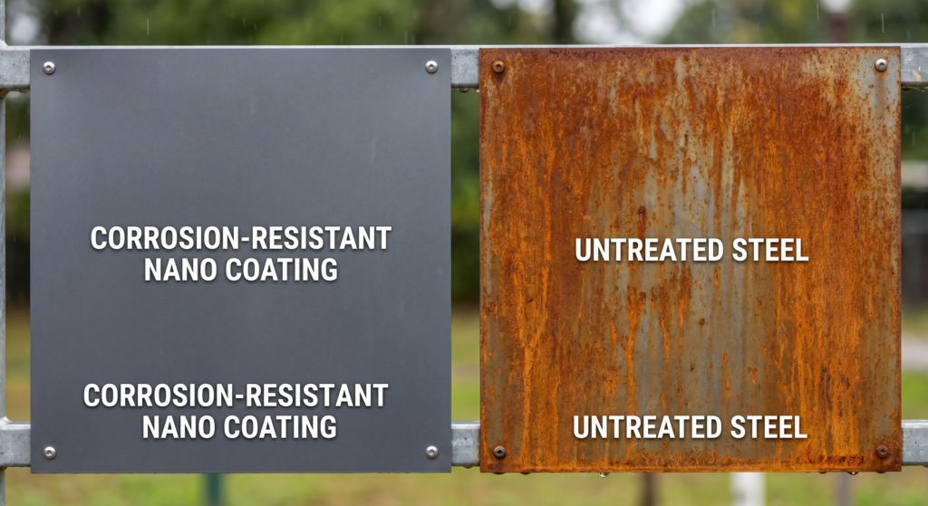corrosion-resistant nano coating on steel compared with an untreated panel.