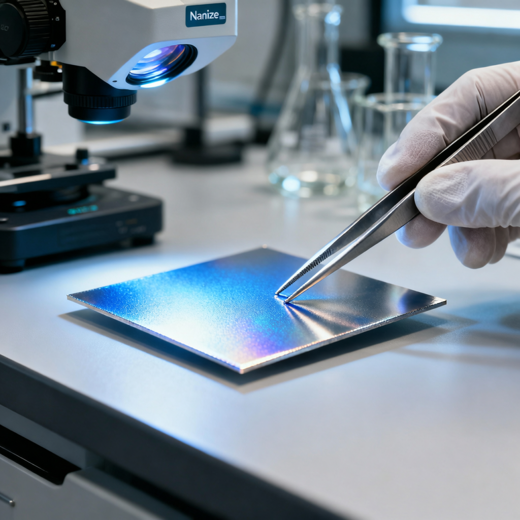 laboratory inspection of a patented Nanize coating sample.