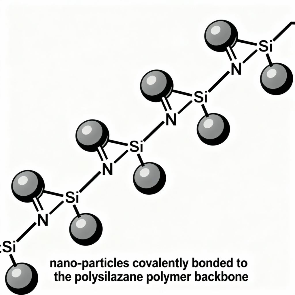 nano-particles covalently bonded to the polysilazane polymer backbone.