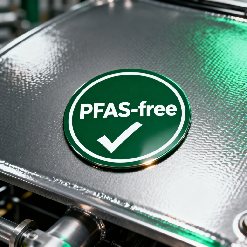 PFAS-free badge on a high-performance industrial coating.